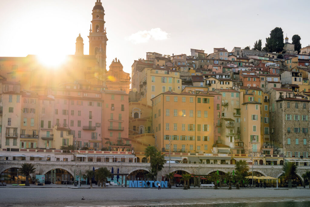 Menton village pictoresque view old town warm sunset france — França